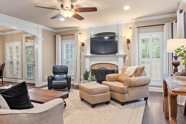 1011 Glessner Dr, Spring Hill, TN 37174 - living area with wood finished floors, a fireplace, a ceiling fan, healthy amount of natural light, and crown molding