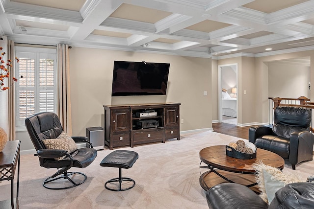 1011 Glessner Dr, Spring Hill, TN 37174 - living room featuring coffered ceiling, ornamental molding, beam ceiling, carpet, and recessed lighting