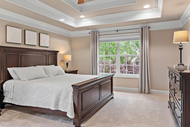 1011 Glessner Dr, Spring Hill, TN 37174 - bedroom featuring ornamental molding, light carpet, a tray ceiling, and a ceiling fan