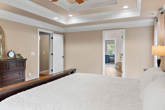 1011 Glessner Dr, Spring Hill, TN 37174 - tiled bedroom featuring crown molding, recessed lighting, a raised ceiling, and ceiling fan