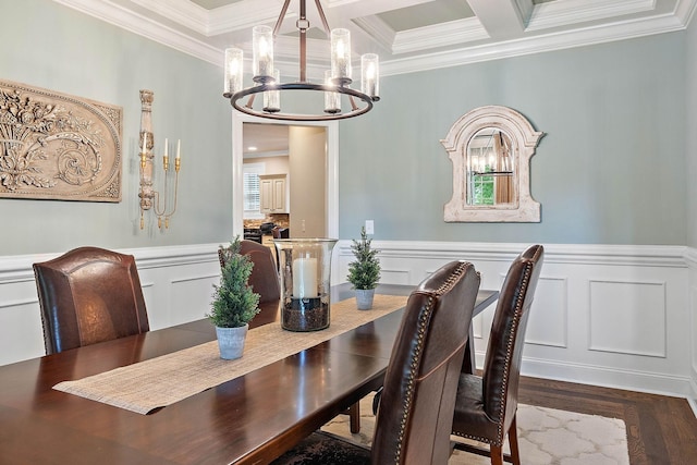 1011 Glessner Dr, Spring Hill, TN 37174 - dining space with a chandelier, crown molding, coffered ceiling, wainscoting, and beam ceiling
