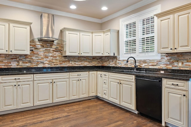 1011 Glessner Dr, Spring Hill, TN 37174 - kitchen featuring black dishwasher, wall chimney exhaust hood, cream cabinets, dark wood-type flooring, and crown molding