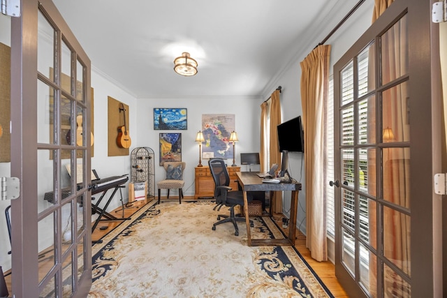 7767 Lynnle Way, Hixson, TN 37343 - office area featuring light wood-style floors, french doors, and ornamental molding
