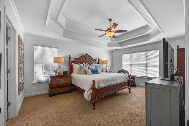 7767 Lynnle Way, Hixson, TN 37343 - bedroom with crown molding, light colored carpet, a raised ceiling, and ceiling fan