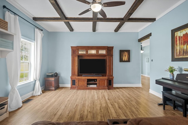 1786 Rocky Glade Rd, Eagleville, TN 37060 - living area with coffered ceiling, ceiling fan, light wood-type flooring, and beam ceiling