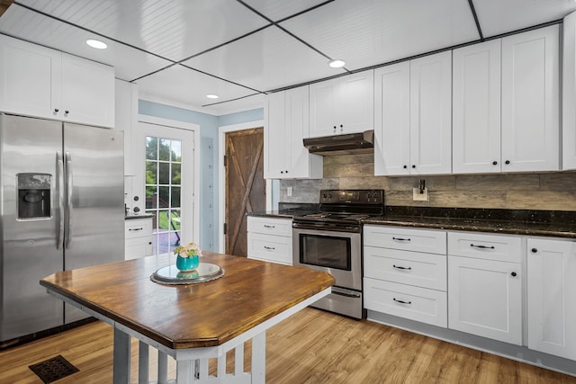 1786 Rocky Glade Rd, Eagleville, TN 37060 - kitchen featuring stainless steel appliances, under cabinet range hood, white cabinetry, tasteful backsplash, and recessed lighting