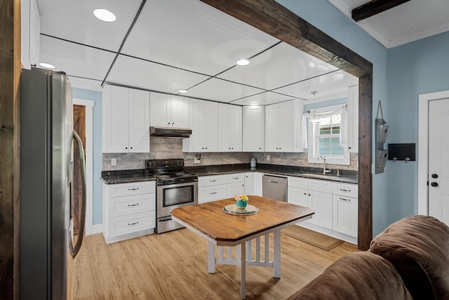 1786 Rocky Glade Rd, Eagleville, TN 37060 - kitchen featuring stainless steel appliances, under cabinet range hood, dark countertops, and white cabinets