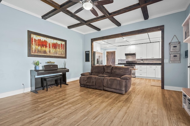 1786 Rocky Glade Rd, Eagleville, TN 37060 - living area with coffered ceiling, light wood-style flooring, beamed ceiling, and ceiling fan