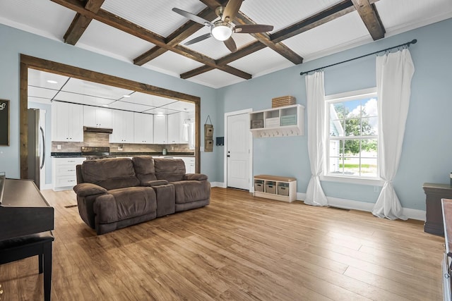 1786 Rocky Glade Rd, Eagleville, TN 37060 - living area with coffered ceiling, ceiling fan, beamed ceiling, and light wood-style flooring