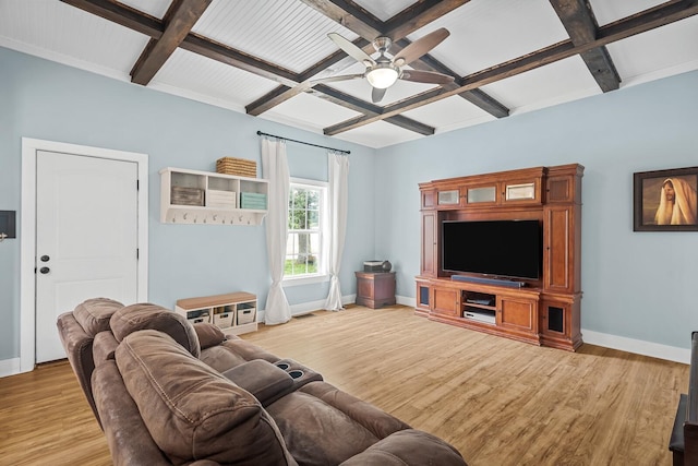 1786 Rocky Glade Rd, Eagleville, TN 37060 - living area featuring coffered ceiling, a ceiling fan, wood finished floors, and beamed ceiling