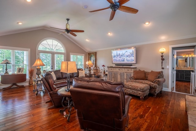 130 Fairway Cir, Loretto, TN 38469 - living area with a ceiling fan, wood finished floors, and vaulted ceiling