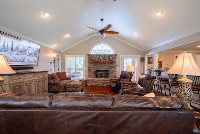 130 Fairway Cir, Loretto, TN 38469 - living area with a ceiling fan, a stone fireplace, and vaulted ceiling