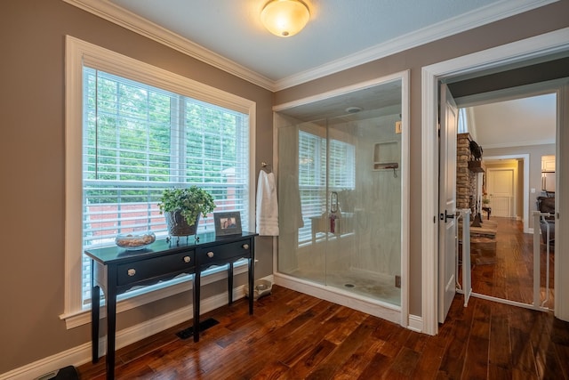 130 Fairway Cir, Loretto, TN 38469 - bathroom with hardwood / wood-style flooring, crown molding, and a stall shower