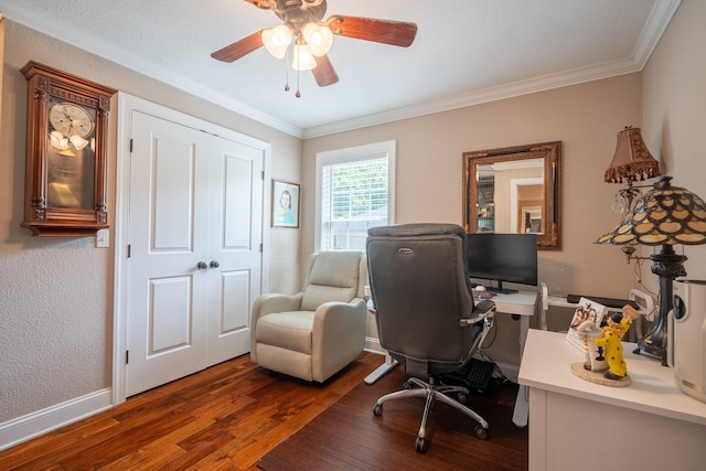 130 Fairway Cir, Loretto, TN 38469 - office area with wood finished floors, a ceiling fan, and ornamental molding