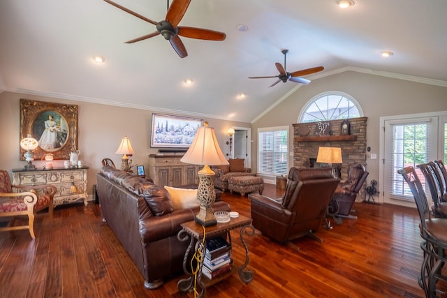 130 Fairway Cir, Loretto, TN 38469 - living room with ceiling fan, wood finished floors, vaulted ceiling, and a fireplace