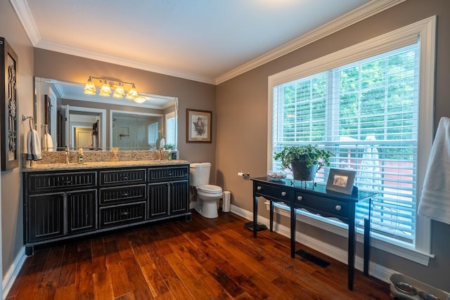 130 Fairway Cir, Loretto, TN 38469 - bathroom with hardwood / wood-style flooring, double vanity, crown molding, and an enclosed shower
