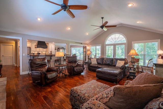 130 Fairway Cir, Loretto, TN 38469 - living room featuring a ceiling fan, dark wood-style floors, lofted ceiling, and recessed lighting