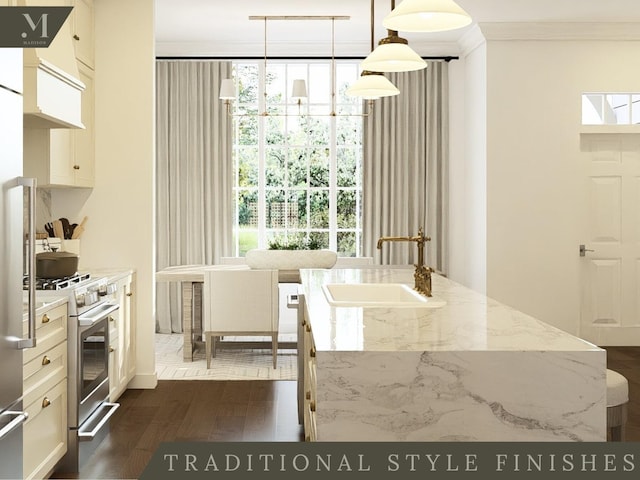 1584 Madison St, Chattanooga, TN 37408 - kitchen featuring stainless steel gas range, ornamental molding, pendant lighting, light stone countertops, and white cabinetry