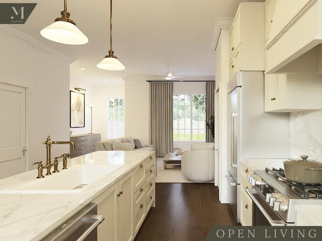 1584 Madison St, Chattanooga, TN 37408 - kitchen with stainless steel appliances, crown molding, dark wood-style floors, open floor plan, and decorative light fixtures