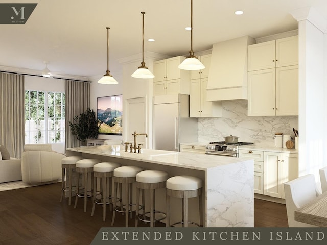 1584 Madison St, Chattanooga, TN 37408 - kitchen featuring custom exhaust hood, high end appliances, backsplash, dark wood finished floors, and an island with sink