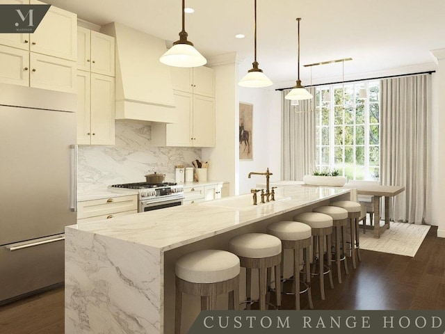 1584 Madison St, Chattanooga, TN 37408 - kitchen with premium appliances, custom range hood, backsplash, dark wood-style flooring, and recessed lighting