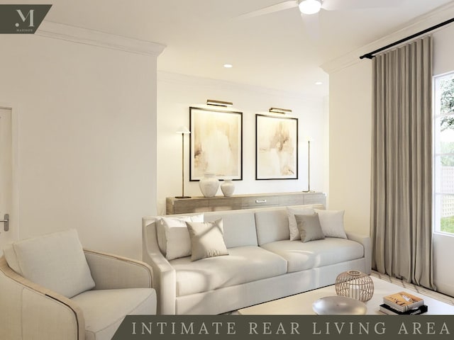 1584 Madison St, Chattanooga, TN 37408 - living room featuring ornamental molding, ceiling fan, healthy amount of natural light, and recessed lighting