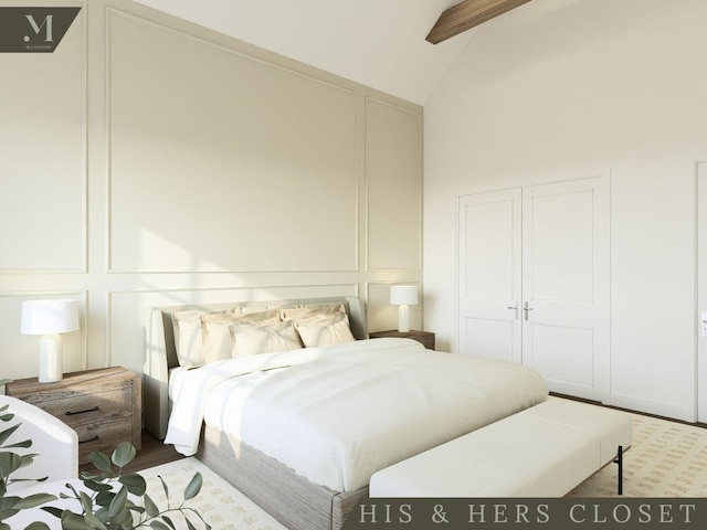 1584 Madison St, Chattanooga, TN 37408 - bedroom with a decorative wall, beamed ceiling, and high vaulted ceiling
