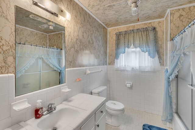 5007 Olivia Dr, Antioch, TN 37013 - bathroom with tile walls, wallpapered walls, vanity, ornamental molding, and tile patterned flooring