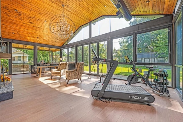 422 N Academy St, Murfreesboro, TN 37130 - sunroom with wooden ceiling, high vaulted ceiling, wood finished floors, and a chandelier