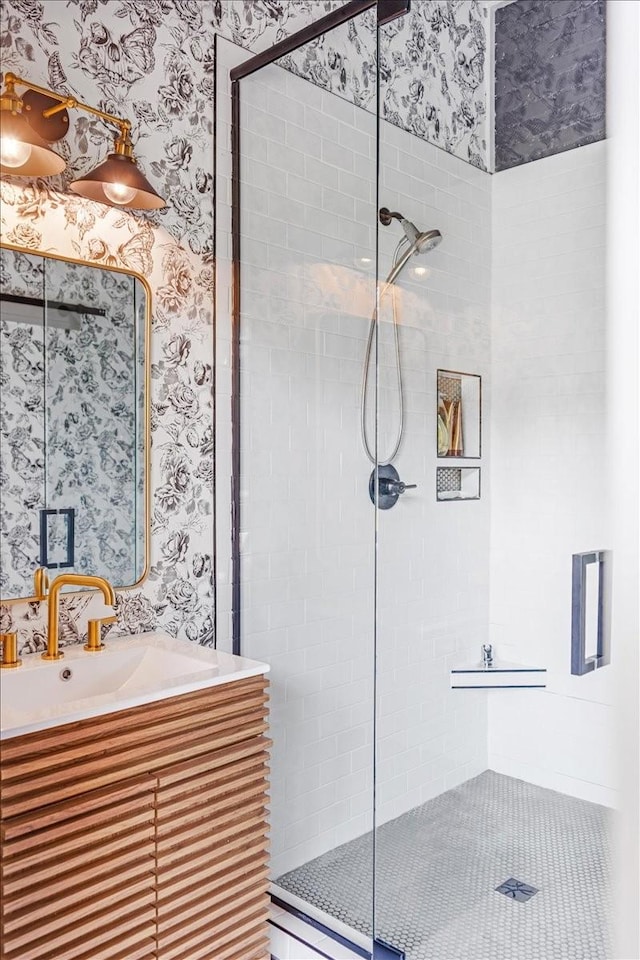 422 N Academy St, Murfreesboro, TN 37130 - full bath featuring wallpapered walls, a shower stall, and vanity