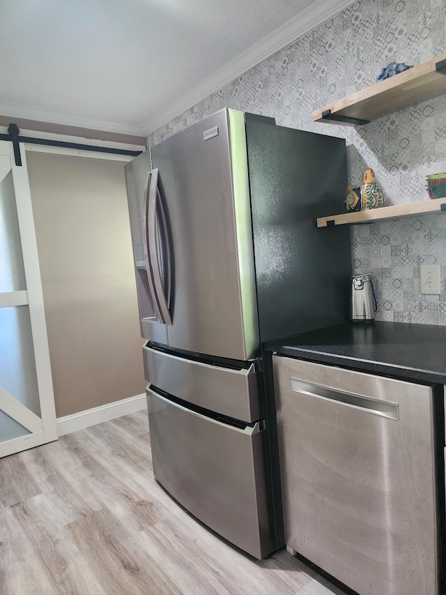 119 Horn Ave, Loretto, TN 38469 - kitchen featuring appliances with stainless steel finishes, open shelves, light wood-style flooring, dark countertops, and crown molding