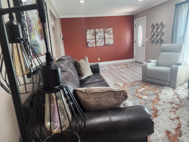 119 Horn Ave, Loretto, TN 38469 - living room featuring ornamental molding, wood finished floors, and recessed lighting