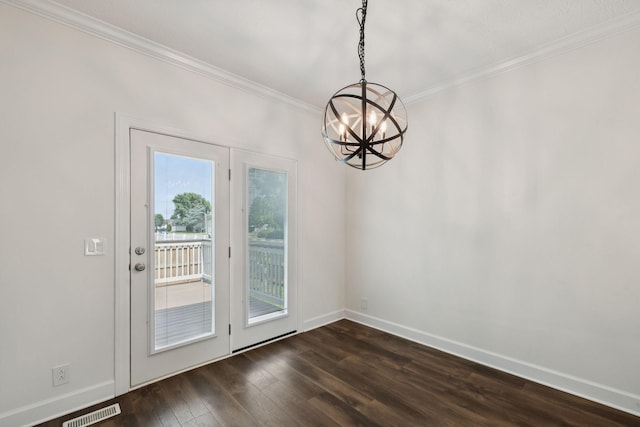 1704 Satterfield Ct, Murfreesboro, TN 37128 - unfurnished dining area with a chandelier, ornamental molding, and dark wood-type flooring