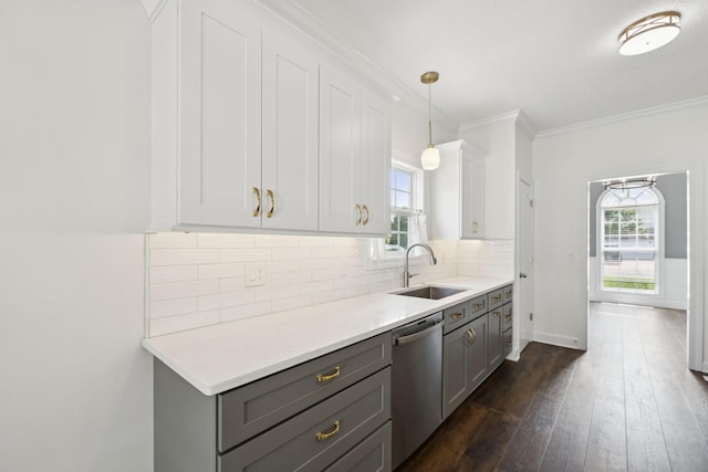 1704 Satterfield Ct, Murfreesboro, TN 37128 - kitchen featuring stainless steel dishwasher, gray cabinets, crown molding, tasteful backsplash, and light countertops