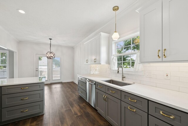 1704 Satterfield Ct, Murfreesboro, TN 37128 - kitchen with stainless steel dishwasher, gray cabinets, plenty of natural light, light countertops, and crown molding