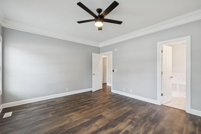 1704 Satterfield Ct, Murfreesboro, TN 37128 - unfurnished bedroom featuring ornamental molding, dark wood-style flooring, connected bathroom, and a ceiling fan