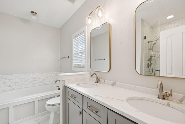 1704 Satterfield Ct, Murfreesboro, TN 37128 - bathroom with marble look tile flooring, a garden tub, double vanity, and tiled shower