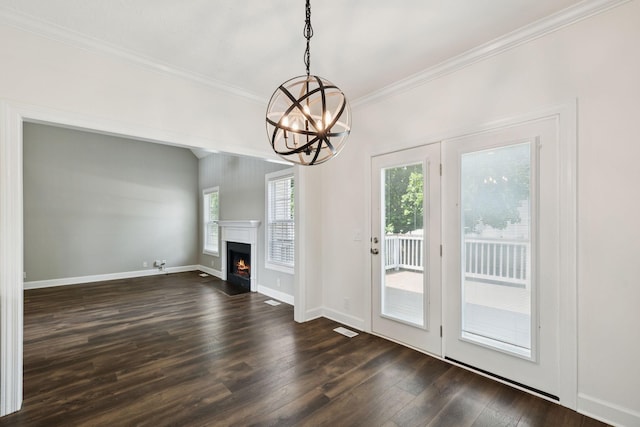1704 Satterfield Ct, Murfreesboro, TN 37128 - unfurnished living room featuring a chandelier, dark wood-type flooring, ornamental molding, and a warm lit fireplace