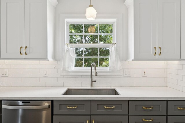 1704 Satterfield Ct, Murfreesboro, TN 37128 - kitchen featuring dishwasher, gray cabinets, light countertops, backsplash, and white cabinetry