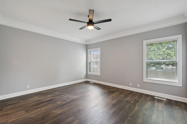 1704 Satterfield Ct, Murfreesboro, TN 37128 - spare room featuring ornamental molding, a ceiling fan, and dark wood-style flooring