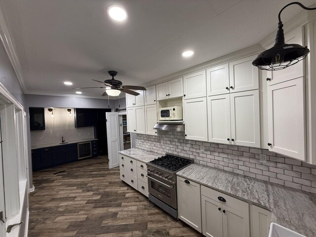236 N Carolina Ave, Sewanee, TN 37375 - kitchen featuring high end stove, ornamental molding, ceiling fan, under cabinet range hood, and backsplash