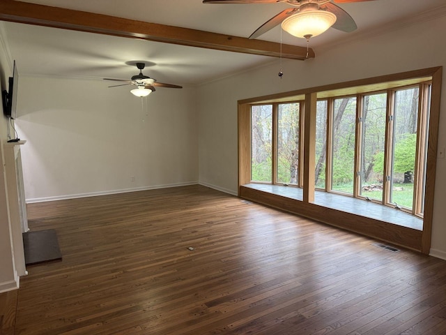 236 N Carolina Ave, Sewanee, TN 37375 - empty room featuring ceiling fan, dark wood-type flooring, beamed ceiling, and crown molding