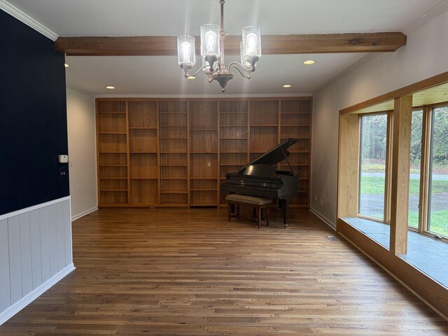 236 N Carolina Ave, Sewanee, TN 37375 - living area featuring wood finished floors, a chandelier, recessed lighting, ornamental molding, and beamed ceiling