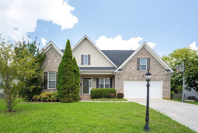 6853 Manassas Gap Ln, Hixson, TN 37343 - traditional-style home with driveway, a front lawn, brick siding, a garage, and a shingled roof