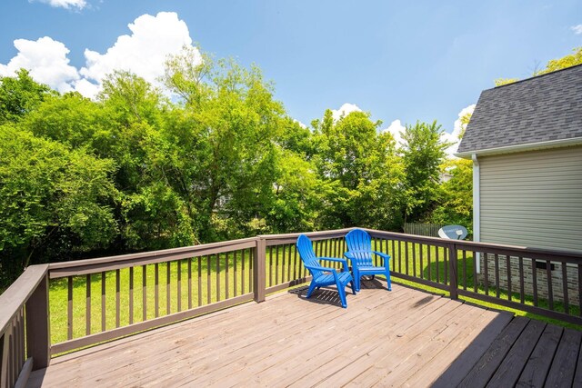 6853 Manassas Gap Ln, Hixson, TN 37343 - deck featuring a lawn and view of wooded area