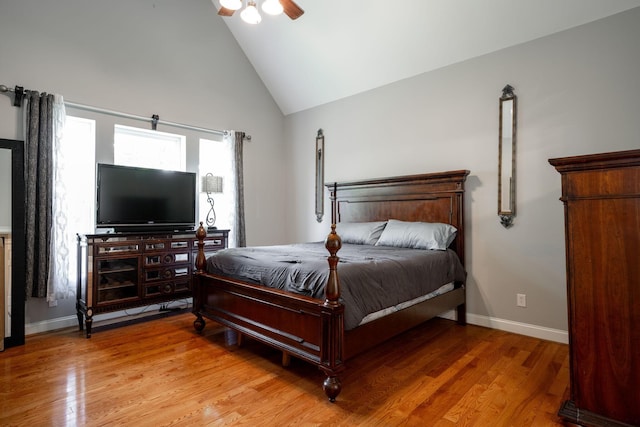 6853 Manassas Gap Ln, Hixson, TN 37343 - bedroom featuring high vaulted ceiling, light wood-type flooring, and ceiling fan