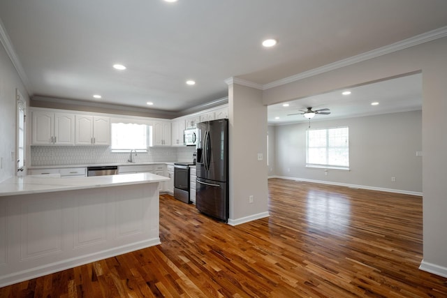 270 Autumn Trl, Ringgold, GA 30736 - kitchen with stainless steel appliances, ornamental molding, a peninsula, dark wood-style flooring, and backsplash