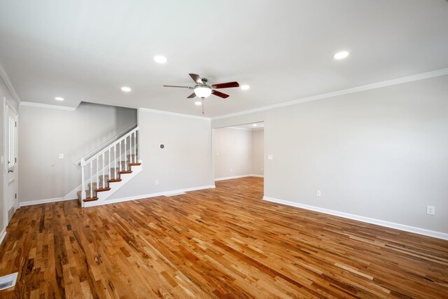 270 Autumn Trl, Ringgold, GA 30736 - empty room with a ceiling fan, stairway, crown molding, recessed lighting, and light wood-style floors