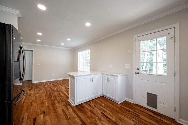 270 Autumn Trl, Ringgold, GA 30736 - kitchen with black fridge, a peninsula, healthy amount of natural light, wood finished floors, and ornamental molding