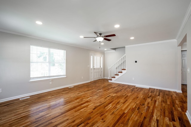 270 Autumn Trl, Ringgold, GA 30736 - unfurnished living room with ornamental molding, ceiling fan, wood finished floors, stairs, and recessed lighting